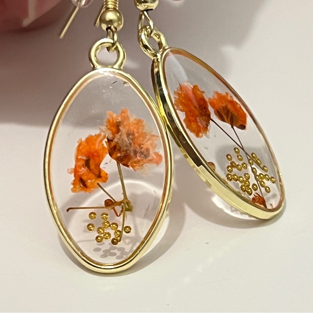 Orange Floral Pressed acrylic lightweight Gold trim Drop Fairy Earrings‎